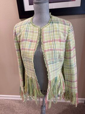 WD.NY Pastel Green Plaid Tweed Jacket with Fringe